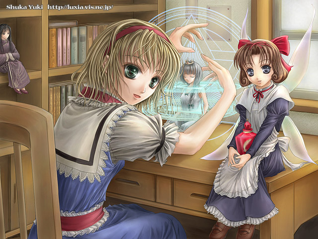 yuki shuuka, alice margatroid, touhou, 1girl, blonde hair, book, bookshelf, chair, desk, fairy wings, female focus, green eyes, hairband, indoors, looking at viewer, looking back, puffy short sleeves, puffy sleeves, sash, short sleeves, sitting, solo, tiara, watermark, window, wings