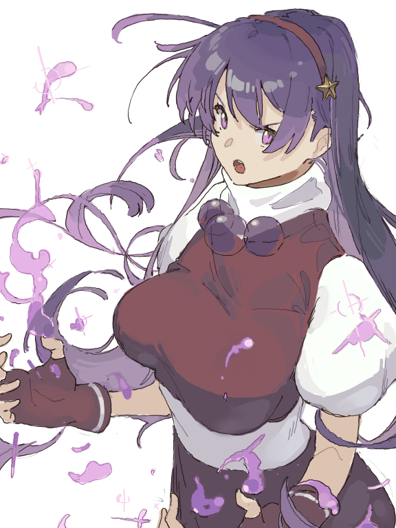 irc14786149, asamiya athena, the king of fighters, 1girl, breasts, curvy, dress, female focus, gloves, hairband, huge breasts, large breasts, long hair, looking at viewer, magic, magical girl, pale skin, purple eyes, purple hair, shirt, star (symbol), wide hips