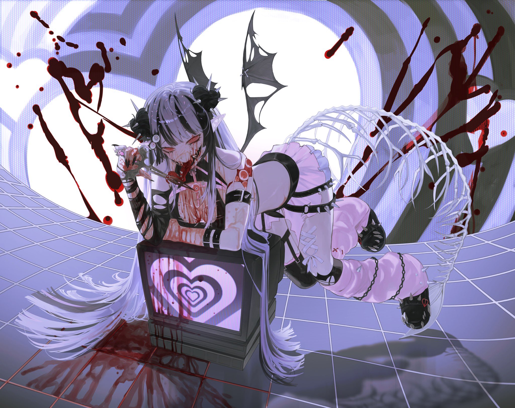 nxctes, indie virtual youtuber, commentary, english commentary, highres, second-party source, 1girl, asymmetrical sleeves, bare shoulders, black bra, black shoes, black streaks, black wings, blood, blood on body, blood on chest, blood on face, blood on ground, blue background, bra, breasts, crt, dagger, double bun, floating, glasgow smile, hair bun, heart, holding, holding dagger, holding knife, holding weapon, knife, long hair, looking at viewer, medium breasts, mismatched sleeves, multicolored hair, parted bangs, pink skirt, pink socks, pointy ears, pool of blood, purple hair, red eyes, red tongue, sharp teeth, shoes, skeletal tail, skirt, smile, socks, solo, spikes, sprinkle hershy, streaked hair, tail, teeth, television, tongue, tongue out, torn wings, underwear, very long hair, virtual youtuber, weapon, wings