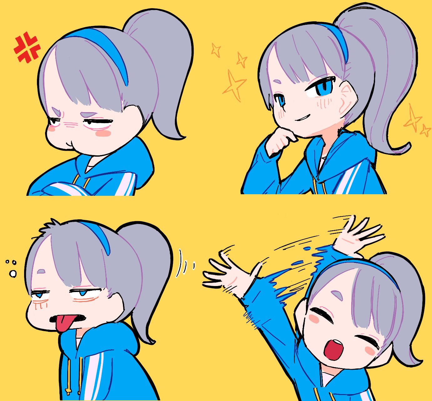 iwako (eiken3kyuboy), original, highres, 1girl, :t, afterimage, anger vein, arm up, blue eyes, blue hairband, blue hoodie, blush stickers, crossed arms, drawstring, grey hair, hairband, high ponytail, hood, hood down, hoodie, multiple expressions, open mouth, ponytail, pout, round teeth, simple background, smile, solo, sparkle, teeth, tongue, tongue out, waving, yellow background