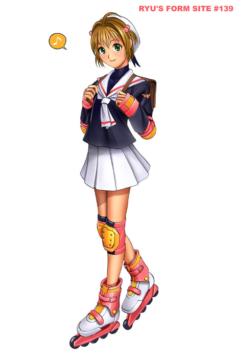 ryu (ryu's form site), kinomoto sakura, cardcaptor sakura, 1990s (style), 1girl, backpack, bag, brown hair, child, female focus, full body, green eyes, hair bobbles, hair ornament, hat, inline skates, knee pads, looking at viewer, musical note, randoseru, retro artstyle, roller skates, school uniform, serafuku, short hair, skates, smile, solo, spoken musical note, standing, tomoeda middle school uniform