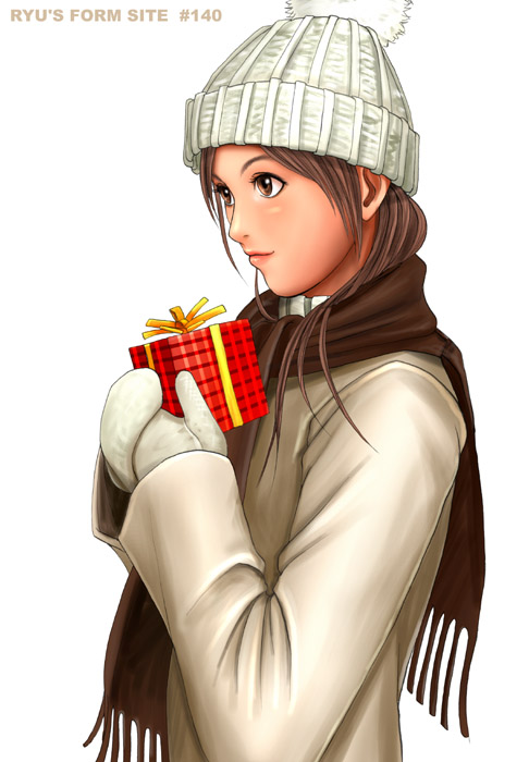 ryu (ryu's form site), 1girl, beanie, brown eyes, brown hair, brown scarf, female focus, from side, gift, hat, holding, holding gift, jacket, long hair, mittens, scarf, simple background, solo, upper body, white background, white mittens
