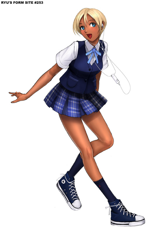 ryu (ryu's form site), converse, original, 1girl, blonde hair, blue eyes, dark-skinned female, dark skin, digital media player, female focus, full body, ganguro, gyaru, ipod, kogal, legs, long legs, pinup (style), plaid clothes, plaid skirt, school uniform, serafuku, shoes, short hair, simple background, skirt, sneakers, solo, vest, white background