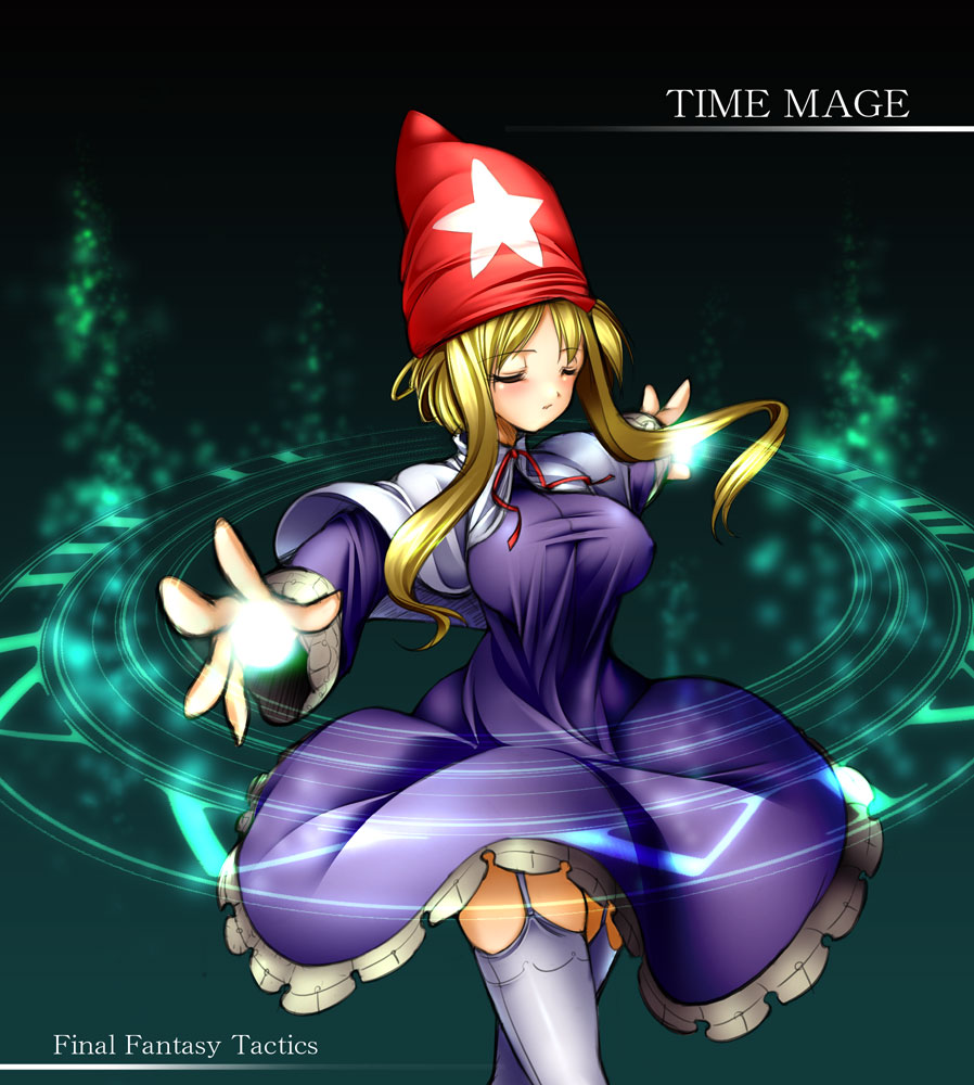 gunner-l, time mage, time mage (fft), final fantasy, final fantasy tactics, 1girl, blonde hair, breasts, closed eyes, dress, female focus, garter belt, hat, large breasts, magic, solo, thighhighs