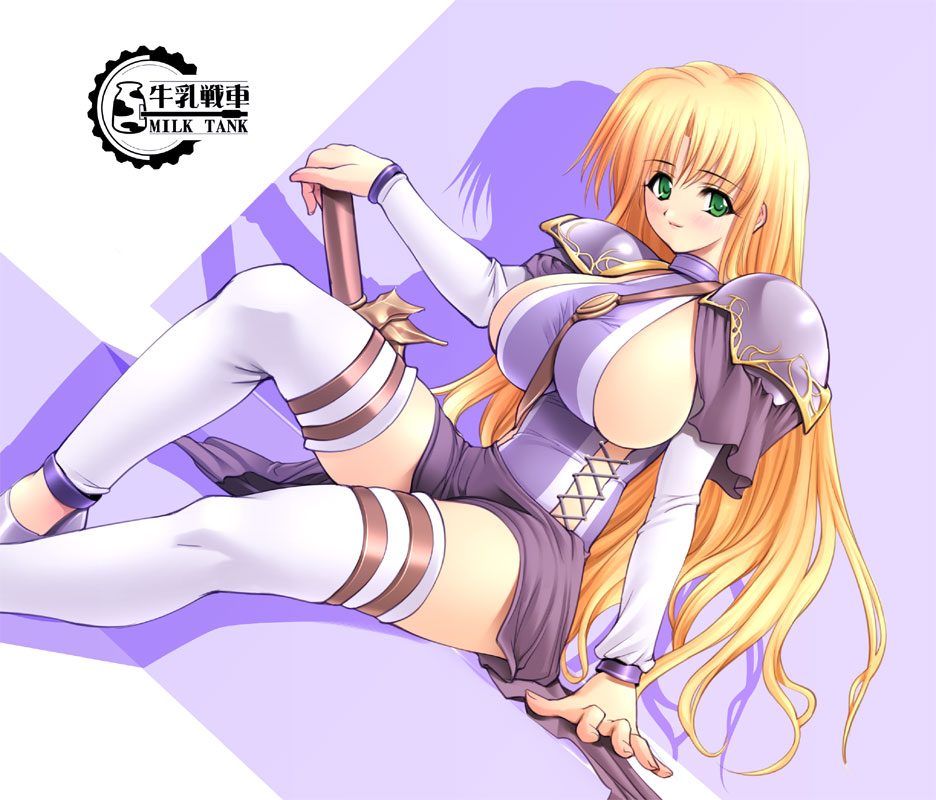 gunner-l, sophitia alexandra, soul calibur, soulcalibur i, 1girl, alternate costume, armor, between breasts, blonde hair, breasts, female focus, green eyes, huge breasts, large breasts, legs, long hair, long legs, pauldrons, shoulder armor, sideboob, smile, solo, strap, sword, thighhighs, thighs, very long hair, weapon, white thighhighs