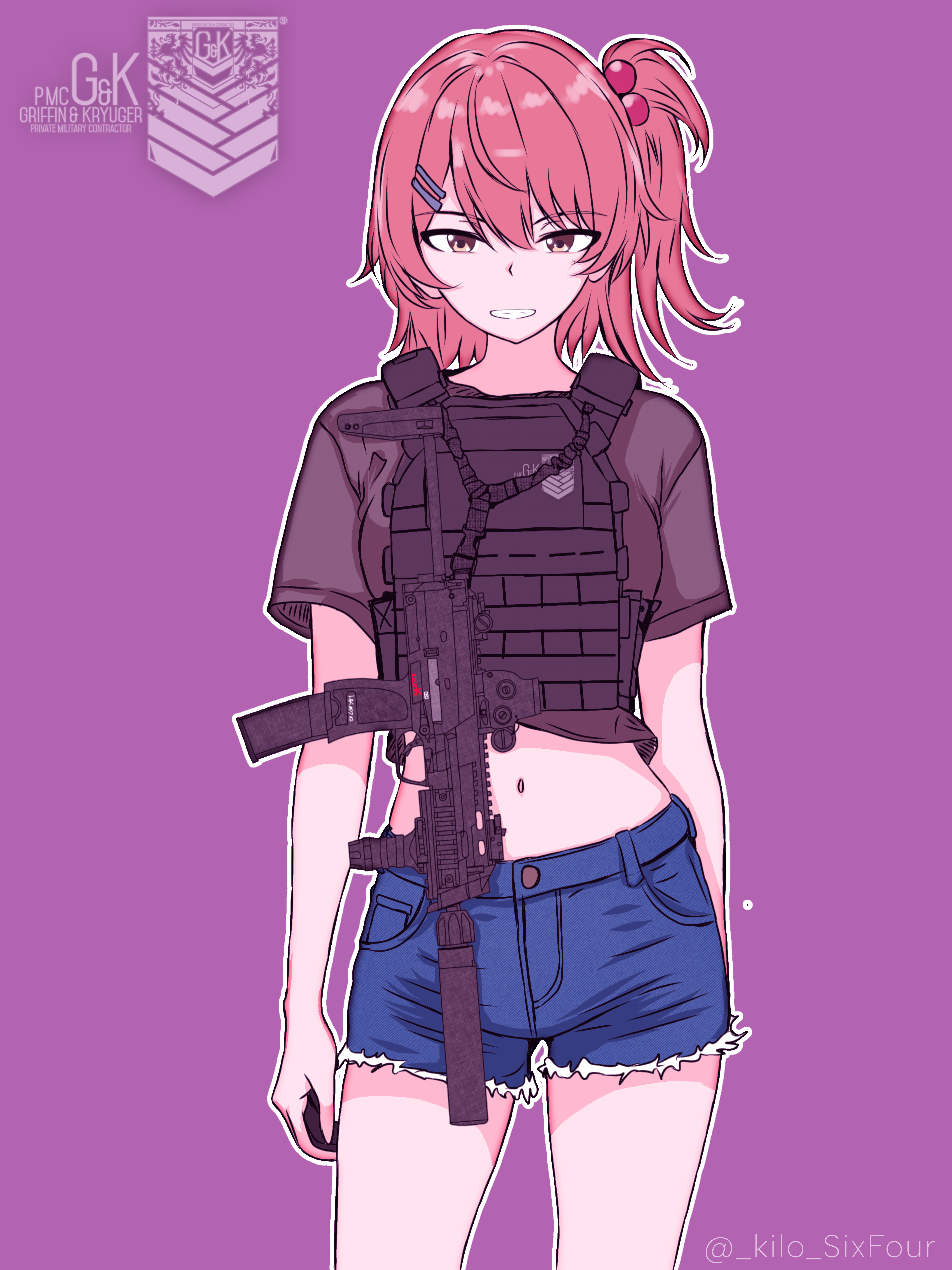 cimol95, mp7 (girls' frontline), girls' frontline, absurdres, highres, ibispaint (medium), 1girl, arm behind back, black shirt, blue shorts, bulletproof vest, cropped shirt, grin, gun, h&k mp7, hair between eyes, hair bobbles, hair ornament, hairclip, looking at viewer, medium hair, navel, orange eyes, red hair, shirt, short shorts, shorts, side ponytail, smile, solo, submachine gun, torn clothes, torn shorts, weapon