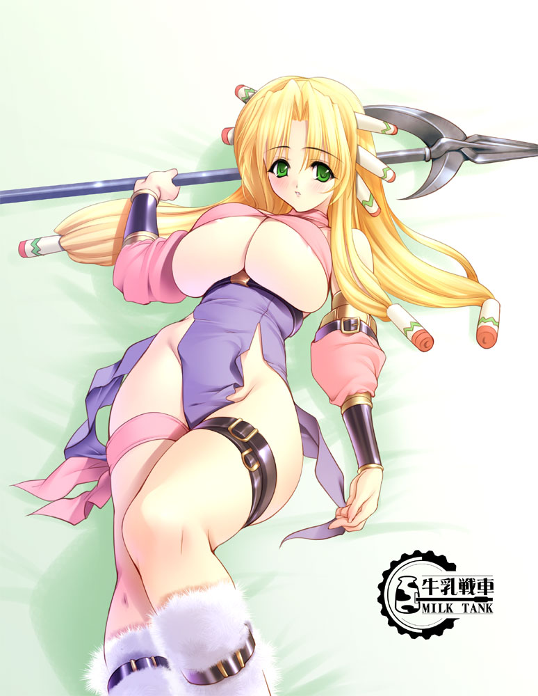 gunner-l, imu, imu (lom), legend of mana, seiken densetsu, 1girl, alternate breast size (larger), areola slip, armor, belt, blonde hair, blush, breasts, curvy, detached sleeves, feet out of frame, female focus, green eyes, groin, hair tubes, hip focus, huge breasts, large breasts, leg belt, long hair, lying, no panties, on back, polearm, solo, spear, underboob, weapon, wide hips