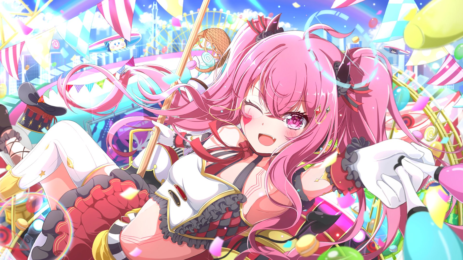 lida vv, grace (music player) (sound voltex), grace (sound voltex), bemani, sound voltex, hair ornament request, highres, 1girl, ahoge, aircraft, asymmetrical legwear, bare shoulders, basket, black hat, black tail, blue halo, blush, breasts, confetti, crop top, dirigible, facial mark, facial tattoo, fake horns, fang, ferris wheel, food, frilled shirt, frilled skirt, frilled wristband, frills, gloves, hair between eyes, hair ornament, halo, hat, heart, heart facial mark, heart tail, holding, holding instrument, holding maracas, horns, instrument, layered skirt, macaron, maracas, midriff, miniskirt, monocle, one eye closed, open mouth, outdoors, pennant, pink eyes, pink hair, pole, red ribbon, ribbon, shirt, skirt, sky, small breasts, smile, star (symbol), star hair ornament, tail, tattoo, thighhighs, twintails, white gloves, white thighhighs, wristband