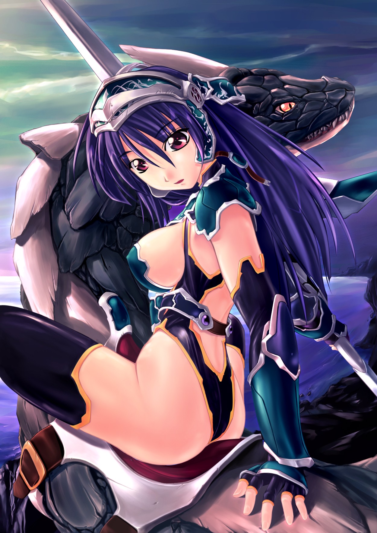 amei sumeru, highres, 1girl, arm support, armor, ass, ass cutout, back side thighs, black thighhighs, blue hair, breasts, cleavage cutout, clothing cutout, dragon, elbow gloves, fantasy, female focus, fingerless gloves, from behind, gloves, helm, helmet, highleg, horns, leather straps, long hair, looking back, outdoors, pink eyes, purple eyes, purple hair, red eyes, revealing clothes, riding, saddle, sideboob, sitting, sky, solo, straddling, sword, thighhighs, water, weapon
