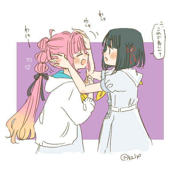 kase (ks lys), anyoji hime, momose ginko, link! like! love live!, love live!, 2girls, black hair, blush, braid, braided ponytail, clenched hand, closed eyes, hair ornament, hair ribbon, happy, hasu no sora school uniform, headpat, heart, hood, hoodie, long hair, medium hair, multicolored hair, multiple girls, open mouth, ribbon, school uniform, signature, smile, sound effects, two-tone background, two-tone hair, very long hair, white hoodie, yuri