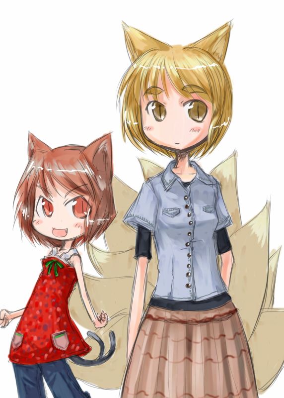 tao, tao (kadoya), chen, yakumo ran, touhou, 2girls, alternate costume, animal ears, blonde hair, brown hair, casual, cat ears, cat girl, cat tail, contemporary, fang, female focus, fox ears, fox tail, multiple girls, multiple tails, red eyes, short hair, tail