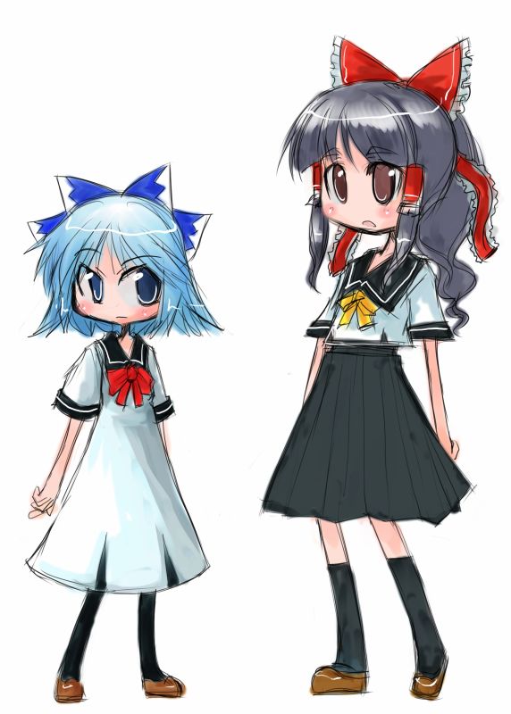 tao, tao (kadoya), cirno, hakurei reimu, touhou, 2girls, alternate costume, bow, female focus, multiple girls, school uniform, serafuku