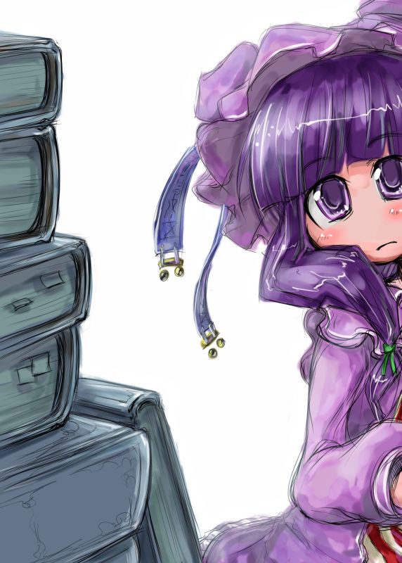 tao, tao (kadoya), patchouli knowledge, touhou, eyebrows, striped, 1girl, blunt bangs, blush, book, book stack, capelet, female focus, hat, long sleeves, looking at viewer, mob cap, purple eyes, purple hair, simple background, solo, white background