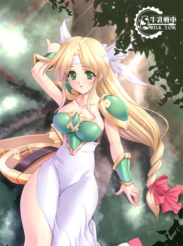 gunner-l, valkyrie (vnd), valkyrie no densetsu, 1girl, armor, armored dress, blonde hair, braid, breasts, cleavage, curvy, dress, female focus, grass, green armor, green eyes, headband, large breasts, legs, long dress, long hair, long legs, shield, solo, sword, thighs, tree, valkyrie, weapon, wide hips