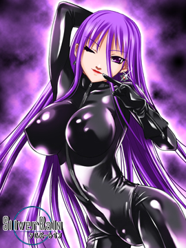 silver rain, lowres, 1girl, bdsm, black bodysuit, bodysuit, breasts, catsuit, covered erect nipples, dominatrix, female focus, finger to mouth, gloves, impossible clothes, impossible shirt, large breasts, latex, latex gloves, latex suit, long hair, one eye closed, purple eyes, purple hair, shiny clothes, shirt, skin tight, solo, very long hair, wink