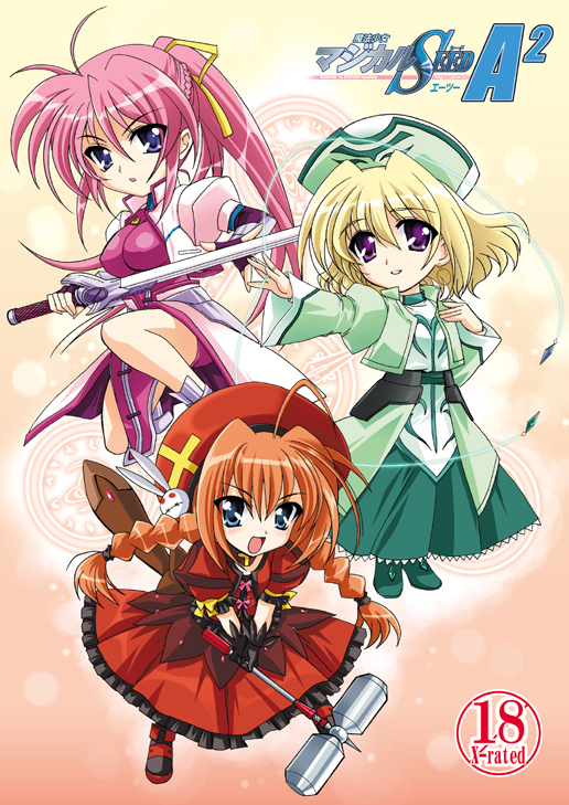 kanna (plum), graf eisen, klarwind, laevatein (nanoha), shamal, signum, vita (nanoha), lyrical nanoha, mahou shoujo lyrical nanoha, mahou shoujo lyrical nanoha a's, 00s, blonde hair, blue eyes, braid, chibi, hammer, hat, long hair, magic circle, pink hair, ponytail, purple eyes, red hair, short hair, sword, twin braids, twintails, weapon, whip sword