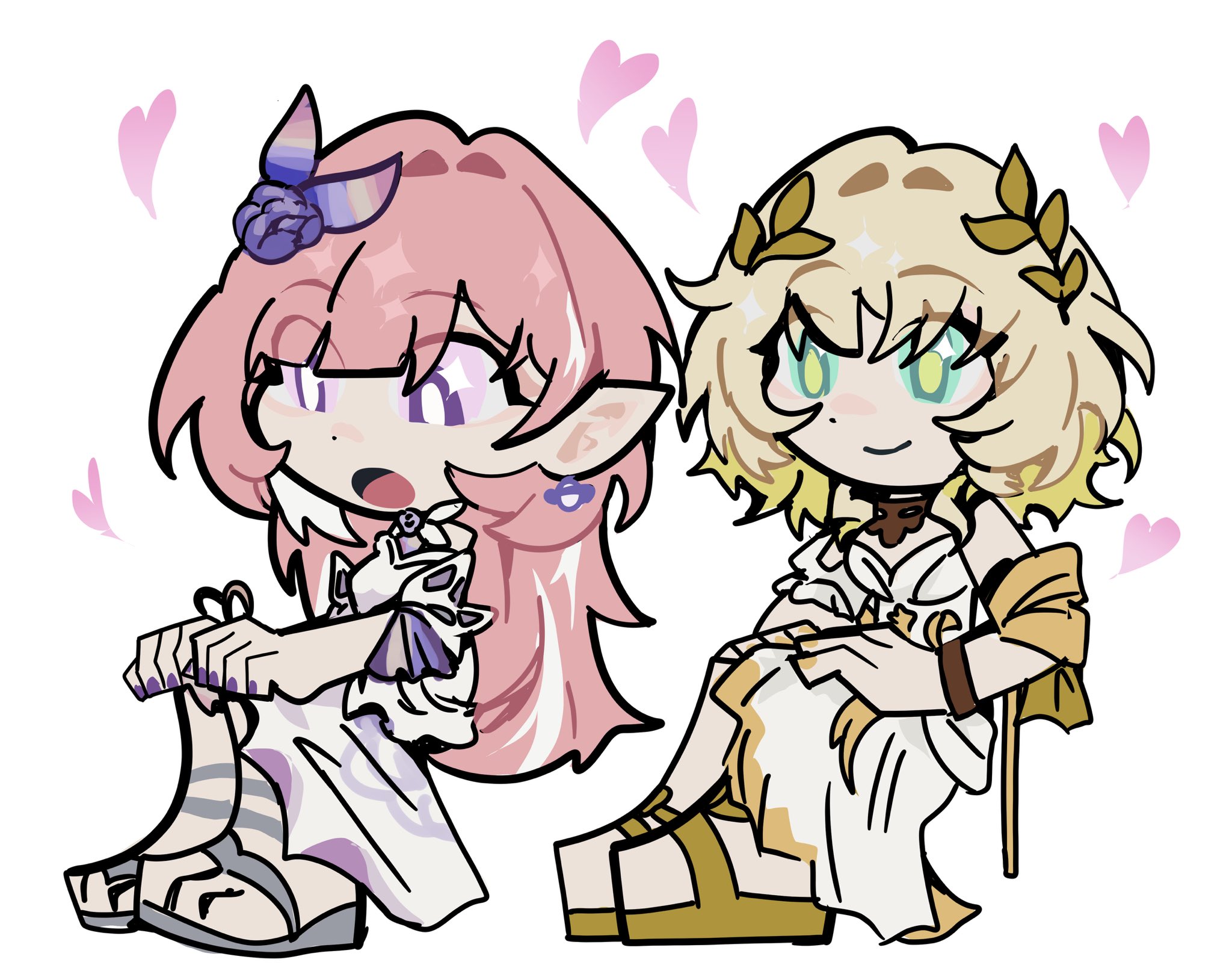 aglaea (honkai: star rail), cyrene (honkai: star rail), honkai: star rail, honkai (series), mihoyo, zenless zone zero, commentary, english commentary, highres, 2girls, bare shoulders, blonde hair, chibi, dress, green eyes, hair ornament, heart, invisible chair, long hair, multiple girls, nail polish, open mouth, parody, pink hair, poi, purple eyes, purple nails, sandals, sitting, smile, style parody, timely aglarene, very long hair, white dress, yellow nails