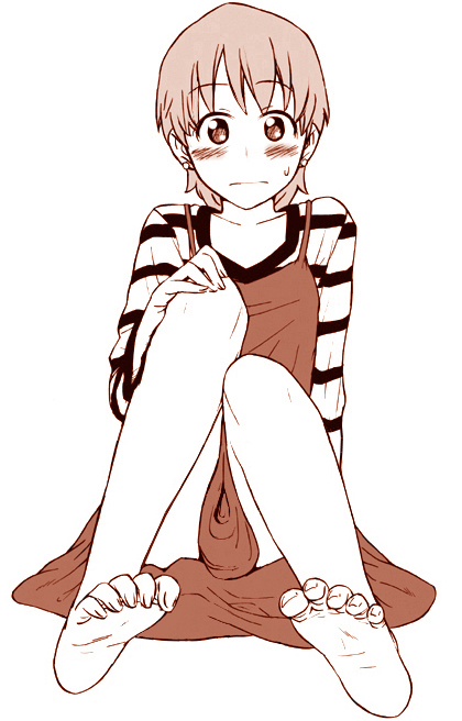 fujimura taiga, fate/stay night, fate (series), 00s, 1girl, barefoot, blush, feet, female focus, full body, monochrome, pink theme, short hair, sitting, soles, solo, toe scrunch, toes