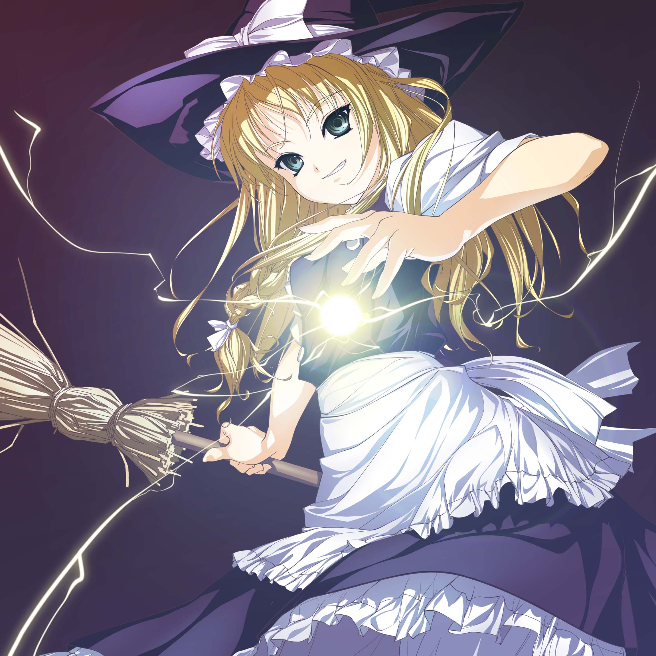 rokuwata tomoe, kirisame marisa, touhou, highres, 1girl, aqua eyes, blonde hair, broom, female focus, glowing, gradient background, green eyes, hat, magic, solo, witch, witch hat
