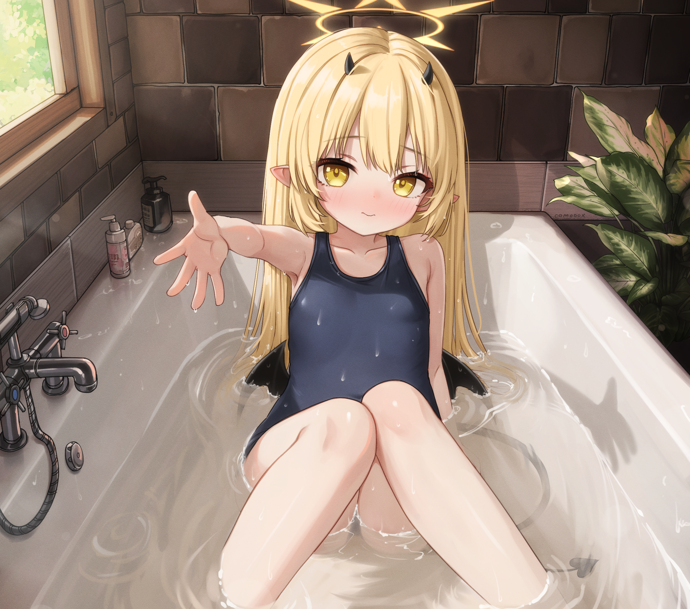 comodox, ibuki (blue archive), blue archive, commentary, english commentary, highres, variant set, 1girl, bathtub, black horns, black wings, blonde hair, halo, horns, long hair, one-piece swimsuit, pointy ears, school swimsuit, solo, swimsuit, wings, yellow eyes, yellow halo