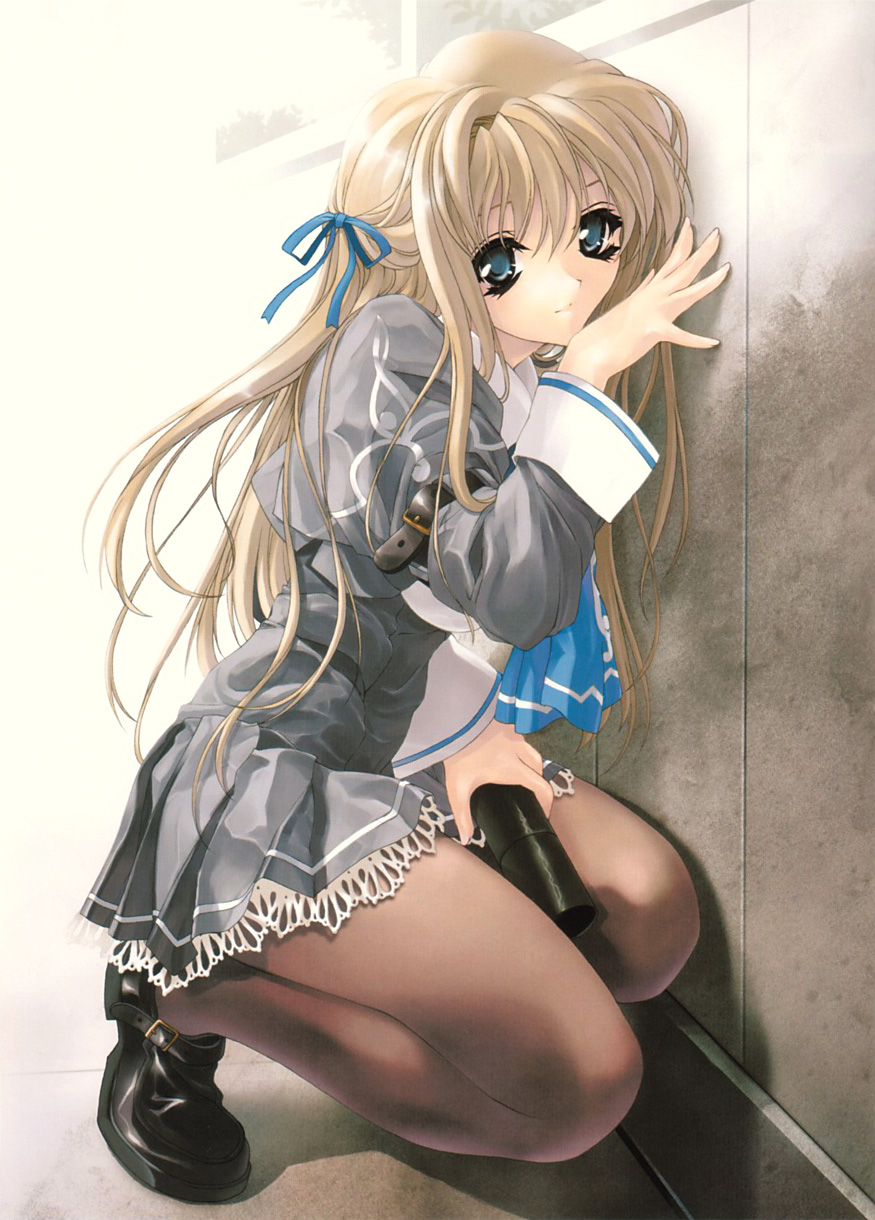 miwa yoshikazu, highres, blonde hair, blue eyes, dress, hair ribbon, long hair, pantyhose, ribbon, solo