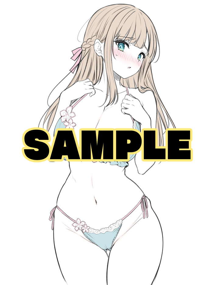 kuroe (sugarberry), original, commentary request, 1girl, bare arms, bare shoulders, blue bra, blue eyes, blue panties, blush, bra, braid, breasts, brown hair, cleavage, cowboy shot, gluteal fold, groin, hands up, large breasts, long hair, looking at viewer, navel, nose blush, panties, parted lips, sample watermark, side-tie panties, simple background, solo, thigh gap, underwear, underwear only, watermark, white background