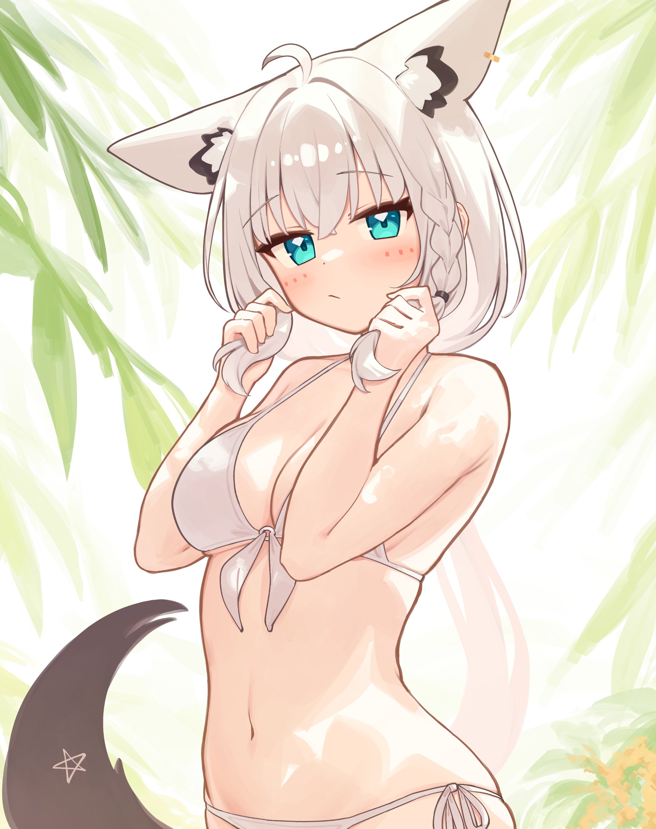 verdey, shirakami fubuki, hololive, absurdres, highres, 1girl, ahoge, animal ear fluff, animal ear piercing, animal ears, aqua eyes, bikini, blush, braid, breasts, cleavage, crossed bangs, fox ears, fox girl, fox tail, front-tie bikini top, front-tie top, hair between eyes, halterneck, hands up, holding, holding own hair, long hair, looking at viewer, low ponytail, medium breasts, pentagram, ponytail, side-tie bikini bottom, side braid, single braid, solo, string bikini, swimsuit, tail, upper body, very long hair, virtual youtuber, white background, white bikini, white hair