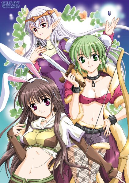 kanna (plum), hunter (ragnarok online), priest (ragnarok online), rogue (ragnarok online), ragnarok online, fur, non-web source, 3girls, animal ears, black hair, bow (weapon), breasts, brown hair, bun cover, choker, circlet, cleavage, cover, crop top, cross, dagger, double bun, fishnet pantyhose, fishnets, green eyes, green hair, hair bun, hand on own hip, hip focus, hunter, jewelry, knife, leaf, long hair, midriff, multiple girls, navel, necklace, pantyhose, pointy ears, priest, priestess, purple eyes, rabbit ears, red eyes, short hair, short shorts, shorts, smile, standing, sword, thighhighs, turtleneck, weapon, white hair