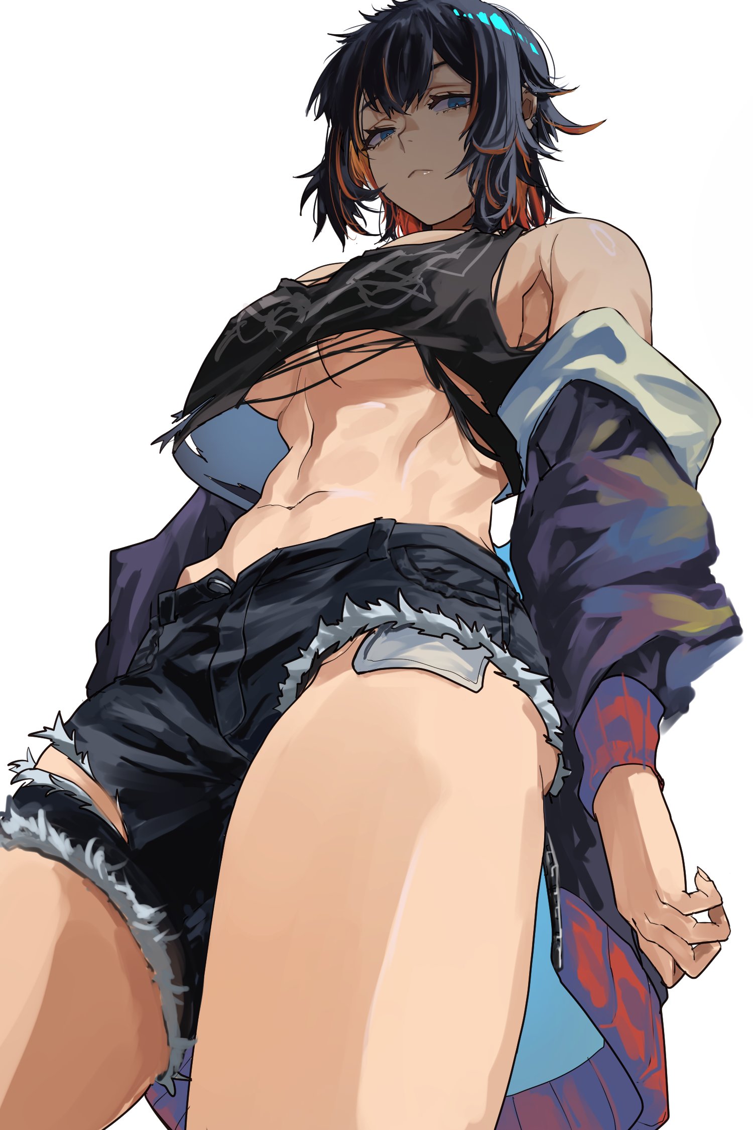 rasetsu001, original, highres, 1girl, barbell piercing, black hair, black shirt, black shorts, breasts, closed mouth, crop top, cropped shirt, cutoffs, ear piercing, expressionless, from below, jacket, large breasts, looking at viewer, looking down, messy hair, multicolored hair, navel, off shoulder, piercing, red hair, shirt, shorts, simple background, solo, stomach, thighs, toned, toned female, torn clothes, underboob, white background