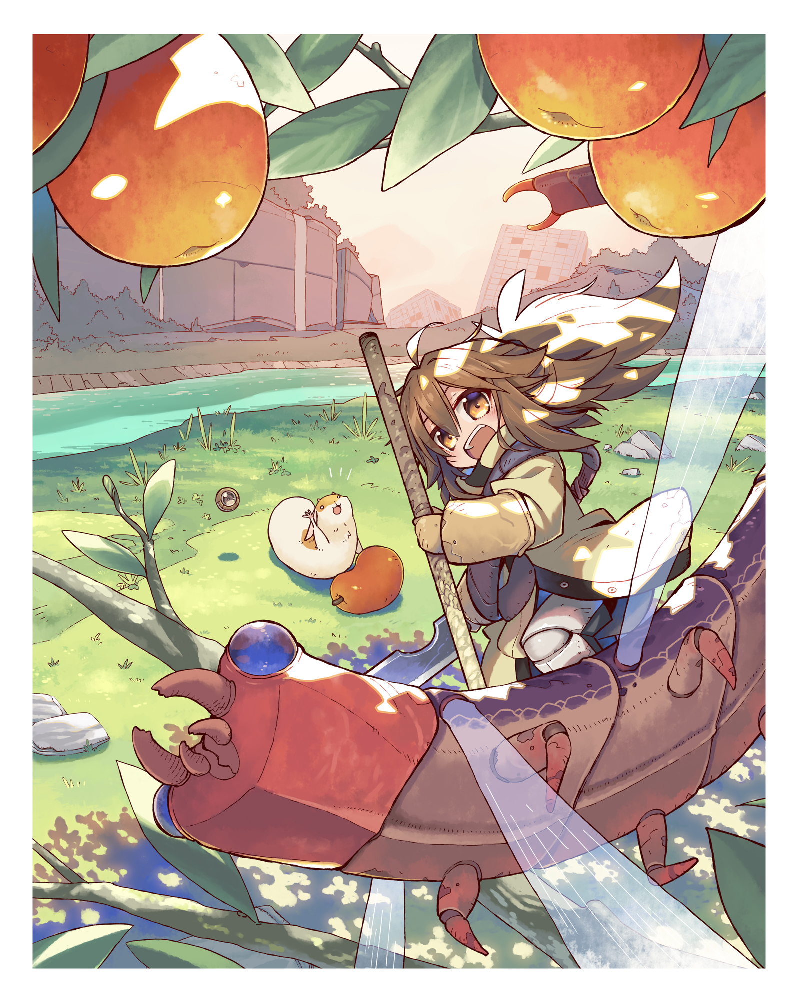 tottori, original, highres, 1girl, :d, ahoge, animal, border, brown eyes, brown hair, bug, dappled sunlight, doll joints, fantasy, food, fruit, fruit tree, grass, hair between eyes, holding, holding staff, joints, mandibles, mini person, minigirl, open mouth, outdoors, riding, river, rock, smile, solo, staff, sunlight, tree, white border, wings