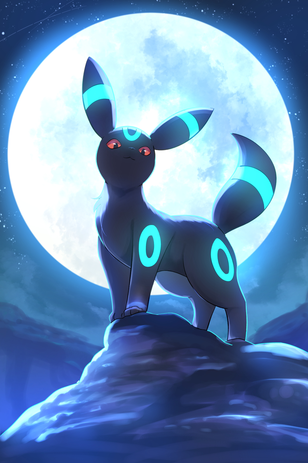 rumine (yoshi1234567), umbreon, nintendo, pokemon, highres, alternate color, black fur, colored sclera, creature, creature focus, full body, full moon, gen 2 pokemon, huge moon, looking at viewer, moon, night, no humans, outdoors, pokemon (creature), red sclera, shiny pokemon, sky, star (sky), starry sky