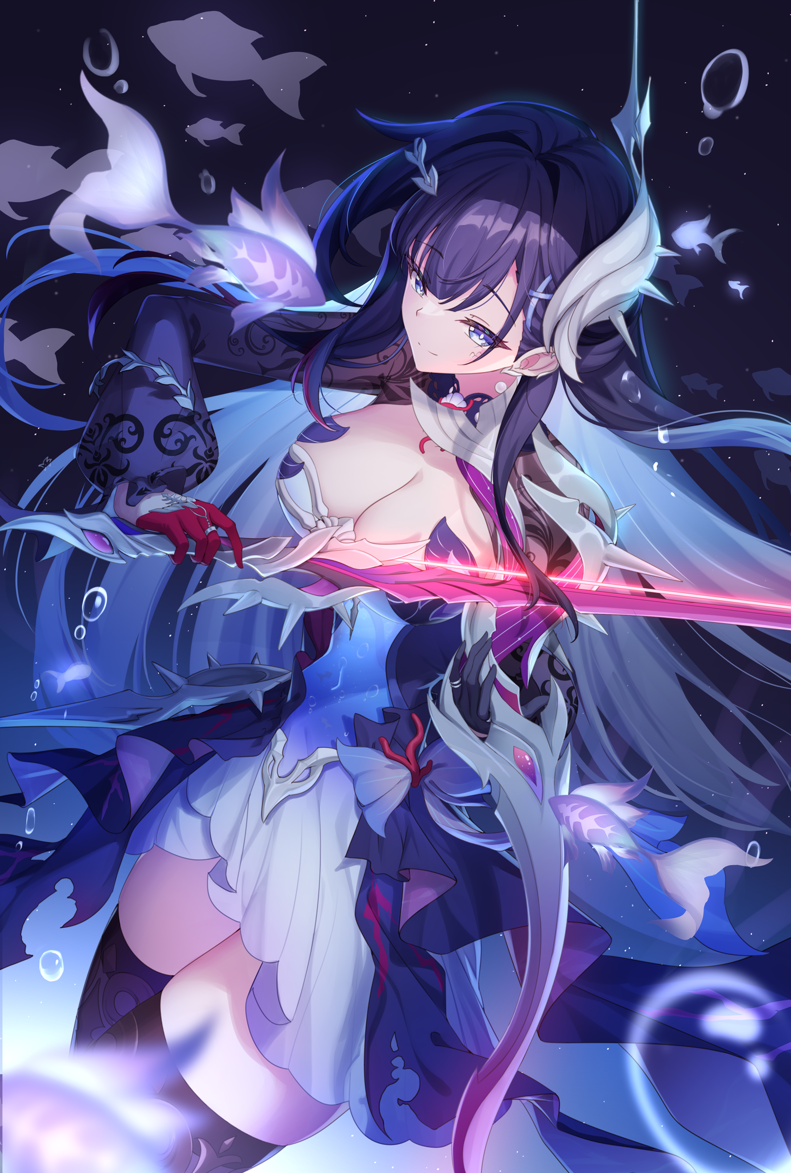kaede uehara, hysilens (honkai: star rail), honkai: star rail, honkai (series), absurdres, commentary request, highres, 1girl, air bubble, asymmetrical gloves, black background, black gloves, blue eyes, bow (music), breasts, bubble, cleavage, closed mouth, colored inner hair, dress, earrings, fish, floating hair, gloves, glowing, glowing weapon, hair between eyes, hair ornament, hand up, holding, holding sword, holding weapon, jewelry, large breasts, light particles, long hair, long sleeves, looking ahead, mismatched gloves, multicolored dress, multicolored hair, ocean, pearl earrings, print sleeves, purple dress, purple hair, red gloves, see-through clothes, see-through sleeves, shrug (clothing), smile, solo, sword, thighhighs, thighs, underwater, very long hair, water, weapon, x hair ornament