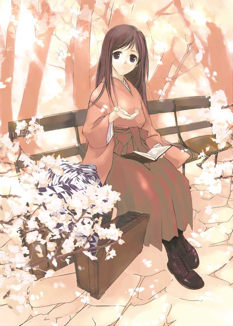 takeshima satoshi, original, reversed, 1girl, bag, bench, book, brown eyes, brown hair, cherry blossoms, female focus, hakama, hakama skirt, japanese clothes, long hair, meiji schoolgirl uniform, open book, reading, sitting, skirt, solo, yagasuri