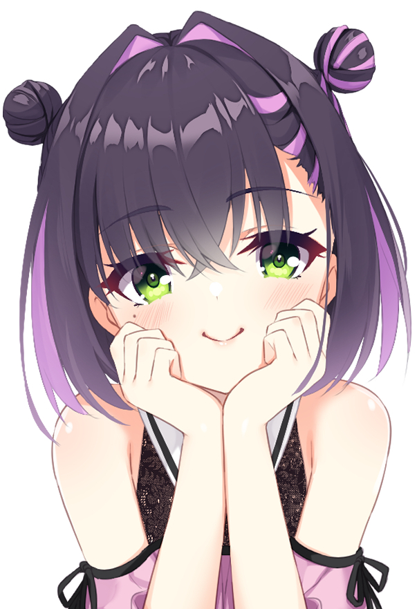 aria (koiiroharemoyou), commentary request, 1girl, bare shoulders, black hair, blush, c:, clenched hands, closed mouth, colored inner hair, crossed bangs, double bun, eyelashes, eyes visible through hair, green eyes, hair between eyes, hair bun, hair intakes, hands on own cheeks, hands on own face, hands up, jirai kei, limelight lemonade jam, lips, looking at viewer, medium hair, multicolored hair, nabari anju, off-shoulder shirt, off shoulder, pink hair, pink shirt, shirt, simple background, smile, solo, two-tone hair, upper body, white background