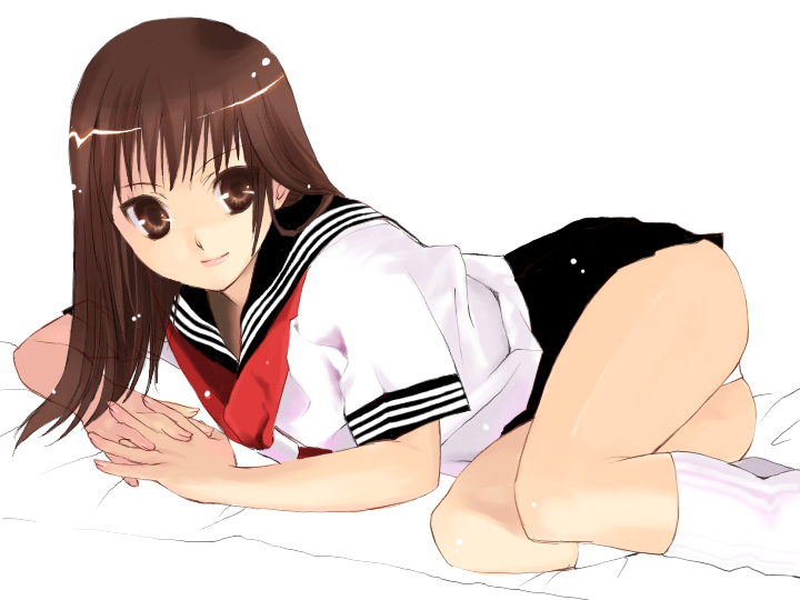 g munyo, duplicate, brown eyes, brown hair, long hair, lying, panties, pantyshot, school uniform, serafuku, solo, underwear