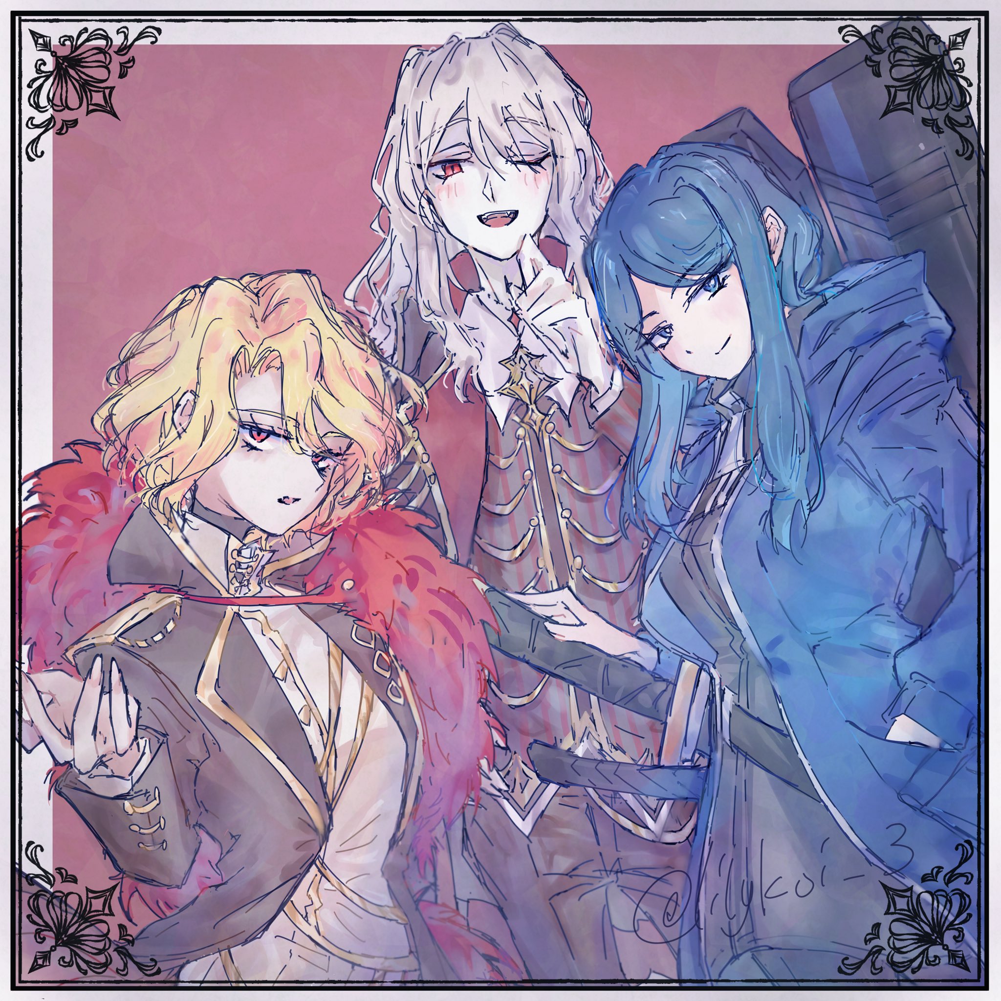 riri (kira0311), bari (project moon), don quixote (project moon), sancho (project moon), limbus company, project moon, highres, 1boy, 2girls, black coat, black pants, black vest, blonde hair, blue eyes, blue hair, border, closed mouth, coat, collared shirt, feather boa, gold trim, la manchaland's don quixote (project moon), long hair, long sleeves, looking at viewer, multiple girls, one eye closed, open mouth, pants, parted bangs, red background, red eyes, shirt, short hair, sidelocks, simple background, standing, sword, upper body, vest, weapon, white border, white hair, white shirt