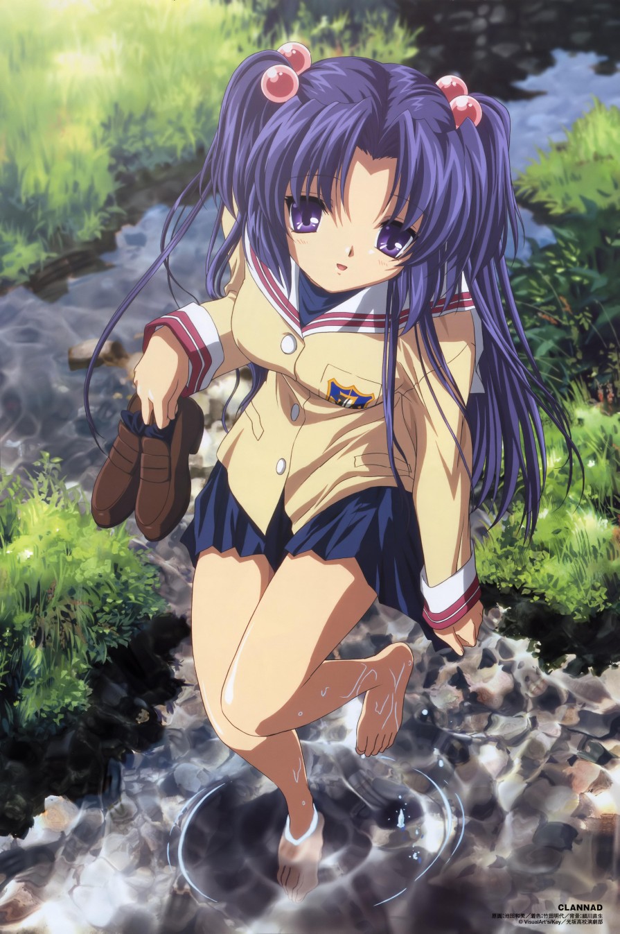 ikeda kazumi, ichinose kotomi, clannad, highres, official art, 00s, barefoot, feet, school uniform, serafuku, solo