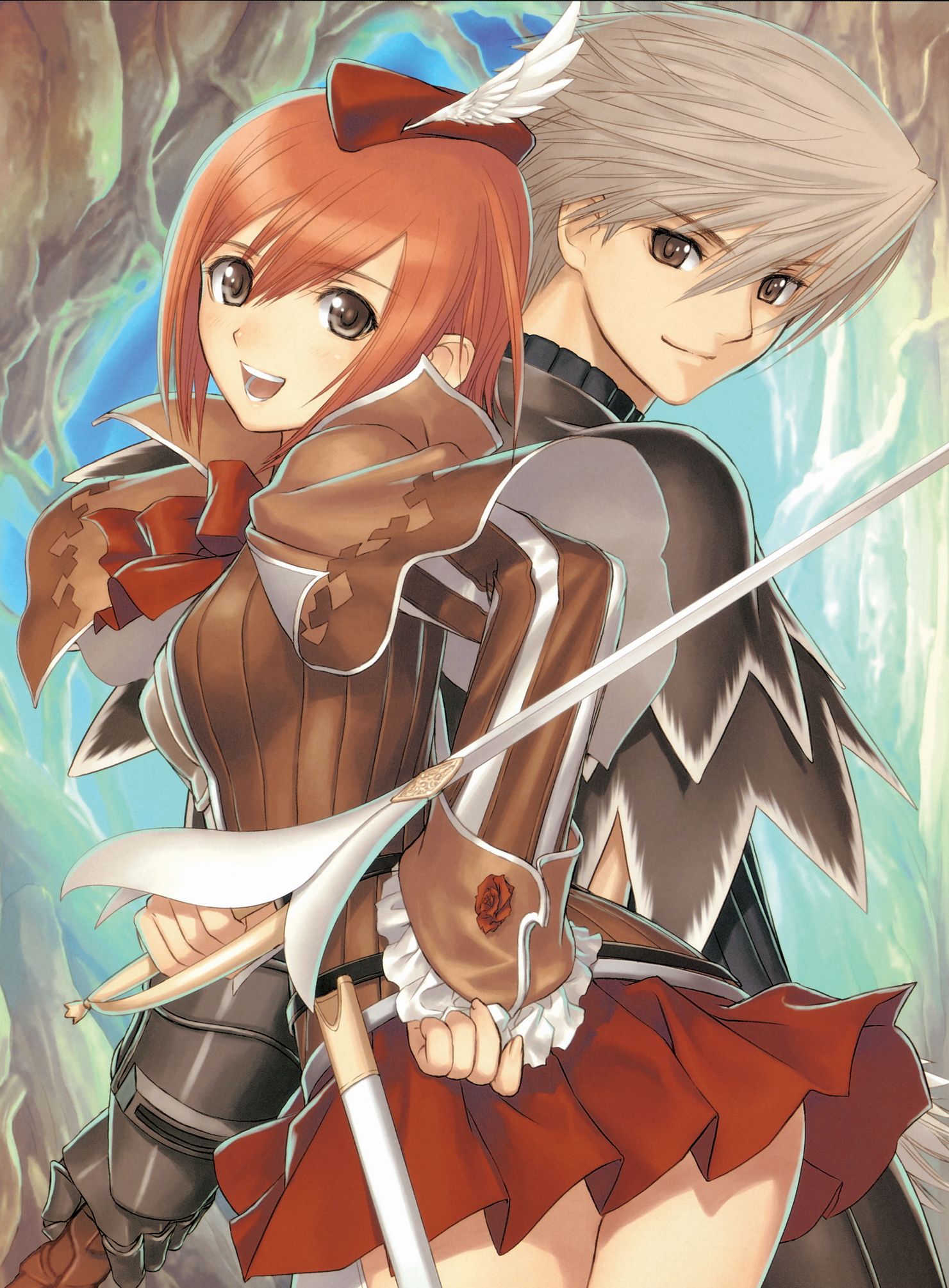 tony taka, kaito kiriya, seena kanon, sega, shining (series), shining wind, highres, brown eyes, red hair, sword, weapon