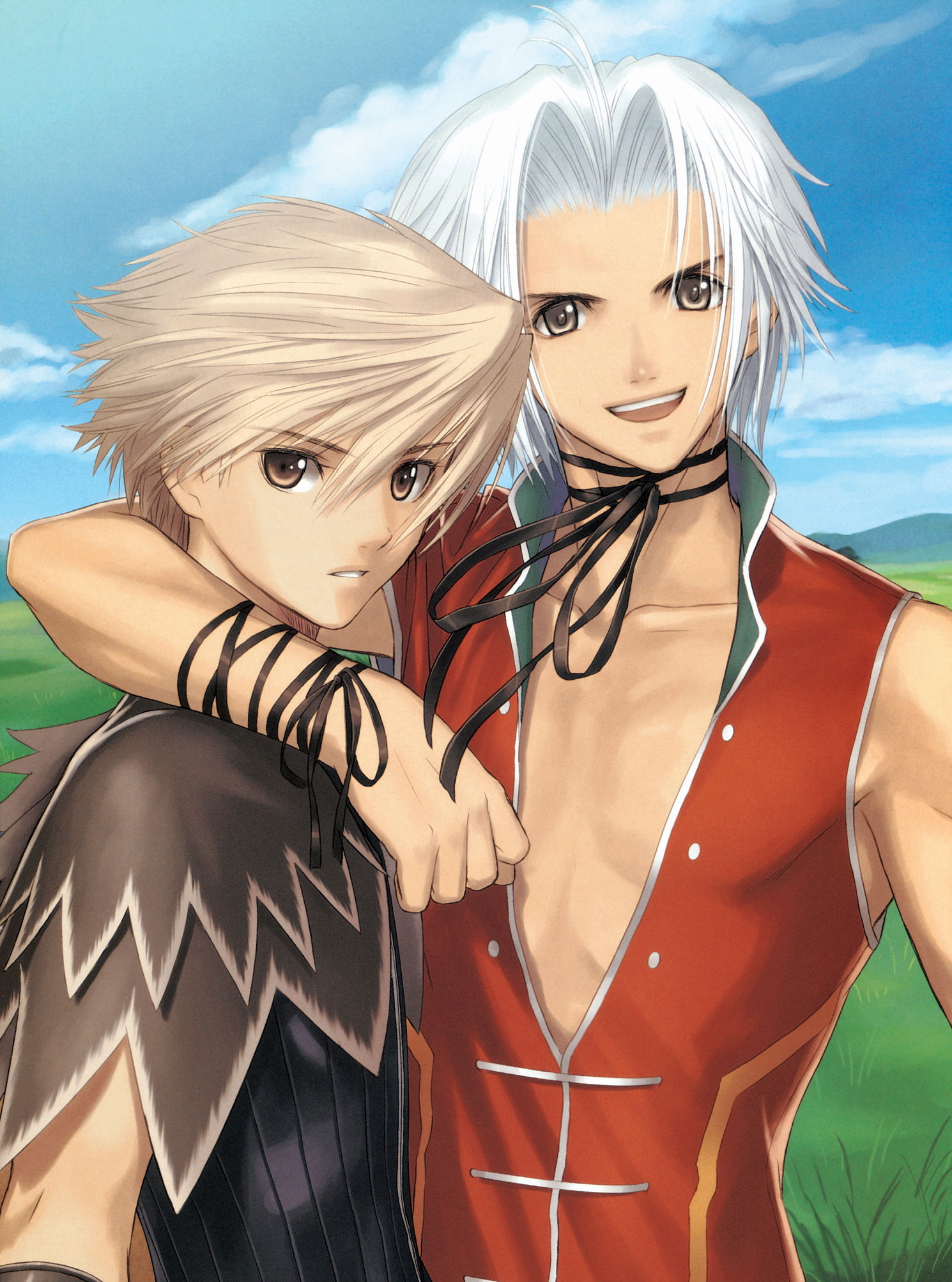 tony taka, akizuki souma, kaito kiriya, souma akizuki, sega, shining (series), shining wind, highres, >:d, 2boys, :d, arm around neck, asymmetrical hair, black ribbon, blonde hair, blue sky, brown eyes, capelet, choker, cloud, collarbone, day, field, grass, head tilt, looking at viewer, male focus, multiple boys, open mouth, outdoors, parted lips, red vest, ribbon, ribbon choker, round teeth, sky, sleeveless, smile, teeth, upper body, v-shaped eyebrows, vest, white hair, wrist ribbon