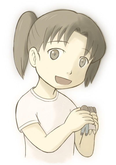minami juujisei, amasawa yuuko, dennou coil, 00s, aged down, brown eyes, brown hair, doll, short twintails, solo, twintails