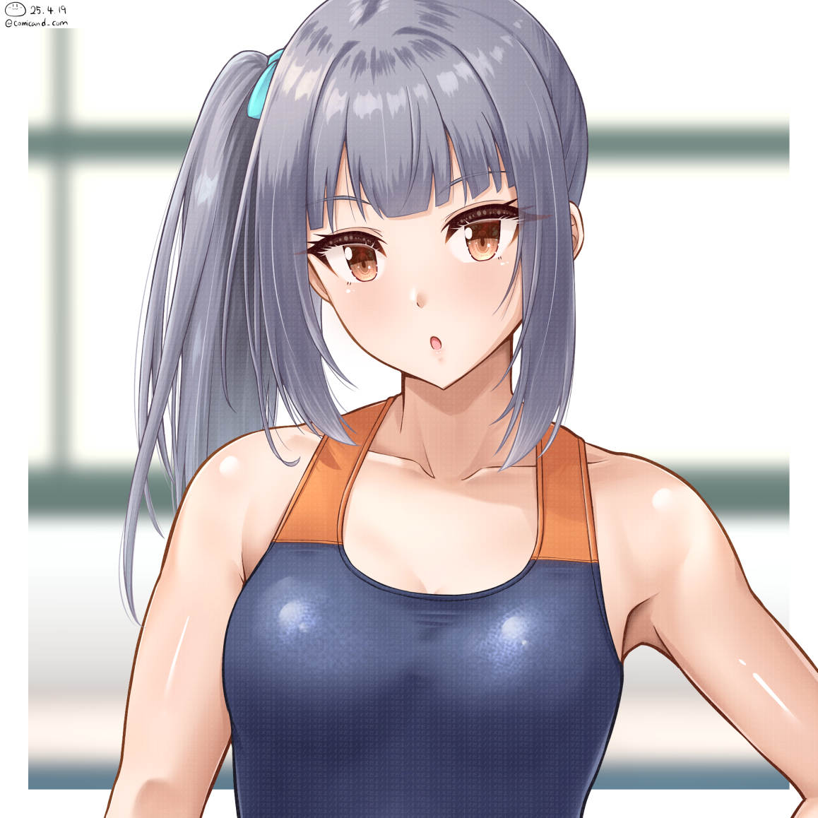 shiromaru (maniado), kasumi (kancolle), kantai collection, commentary request, commission, skeb commission, 1girl, :o, alternate costume, bare shoulders, blue ribbon, brown eyes, collarbone, competition swimsuit, dated, grey hair, hair ribbon, long hair, looking at viewer, one-piece swimsuit, ribbon, side ponytail, solo, swimsuit, twitter username, upper body