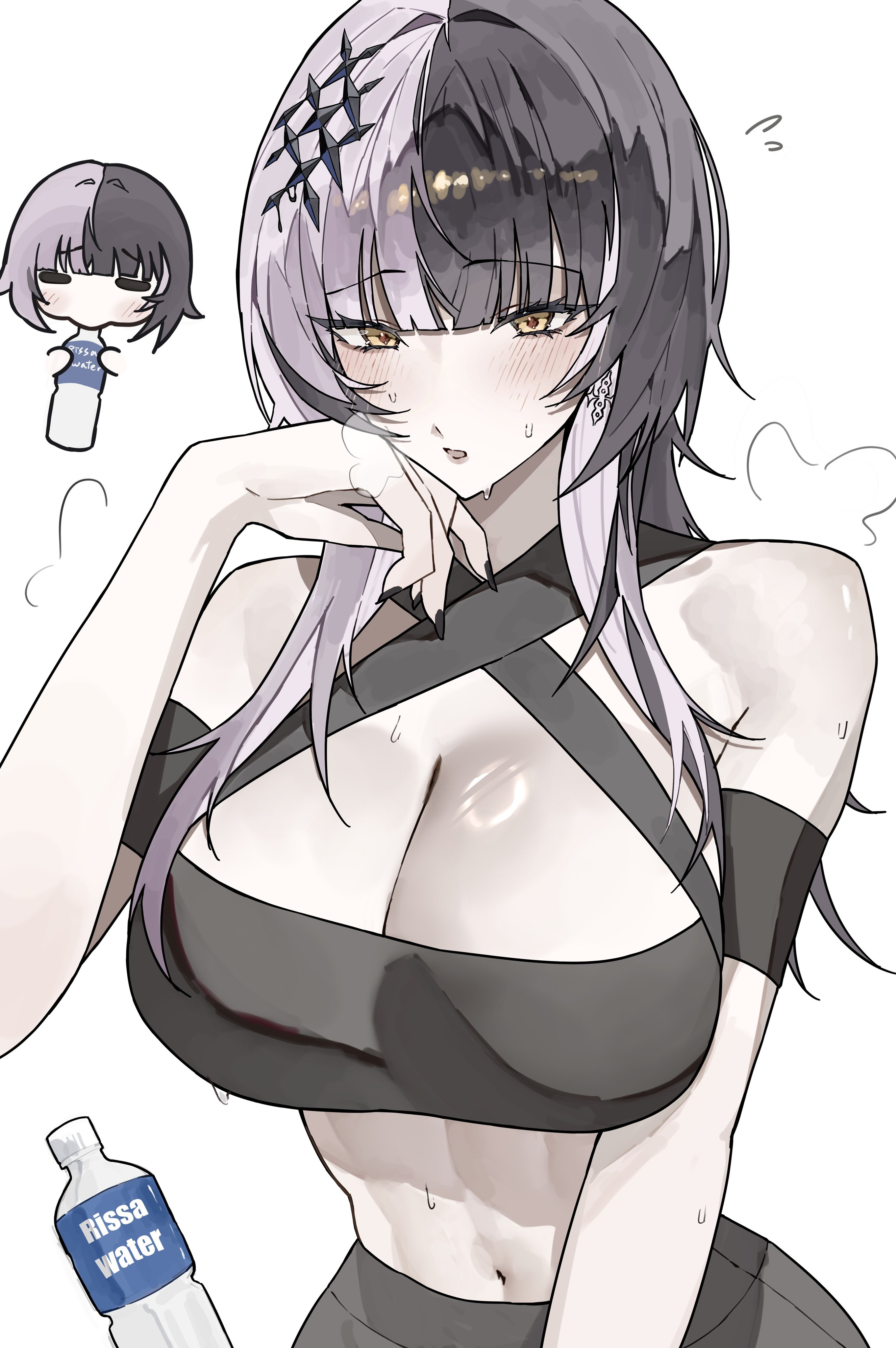 ewn, shiori novella, hololive, hololive english, absurdres, highres, 1girl, alternate costume, bare shoulders, black hair, black sports bra, bottle, breasts, cleavage, crop top, grey hair, holding, holding bottle, large breasts, long hair, looking at viewer, midriff, multicolored hair, navel, pants, simple background, smile, solo, split-color hair, sports bra, sportswear, steaming body, sweat, two-tone hair, underwear, virtual youtuber, water, water bottle, white background, yellow eyes, yoga pants