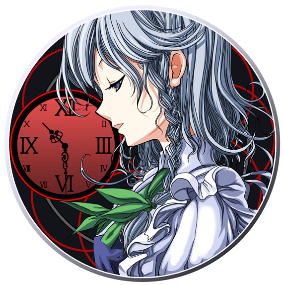 yakepu, izayoi sakuya, touhou, silver hair, 1girl, braid, clock, female focus, short hair, solo, twin braids