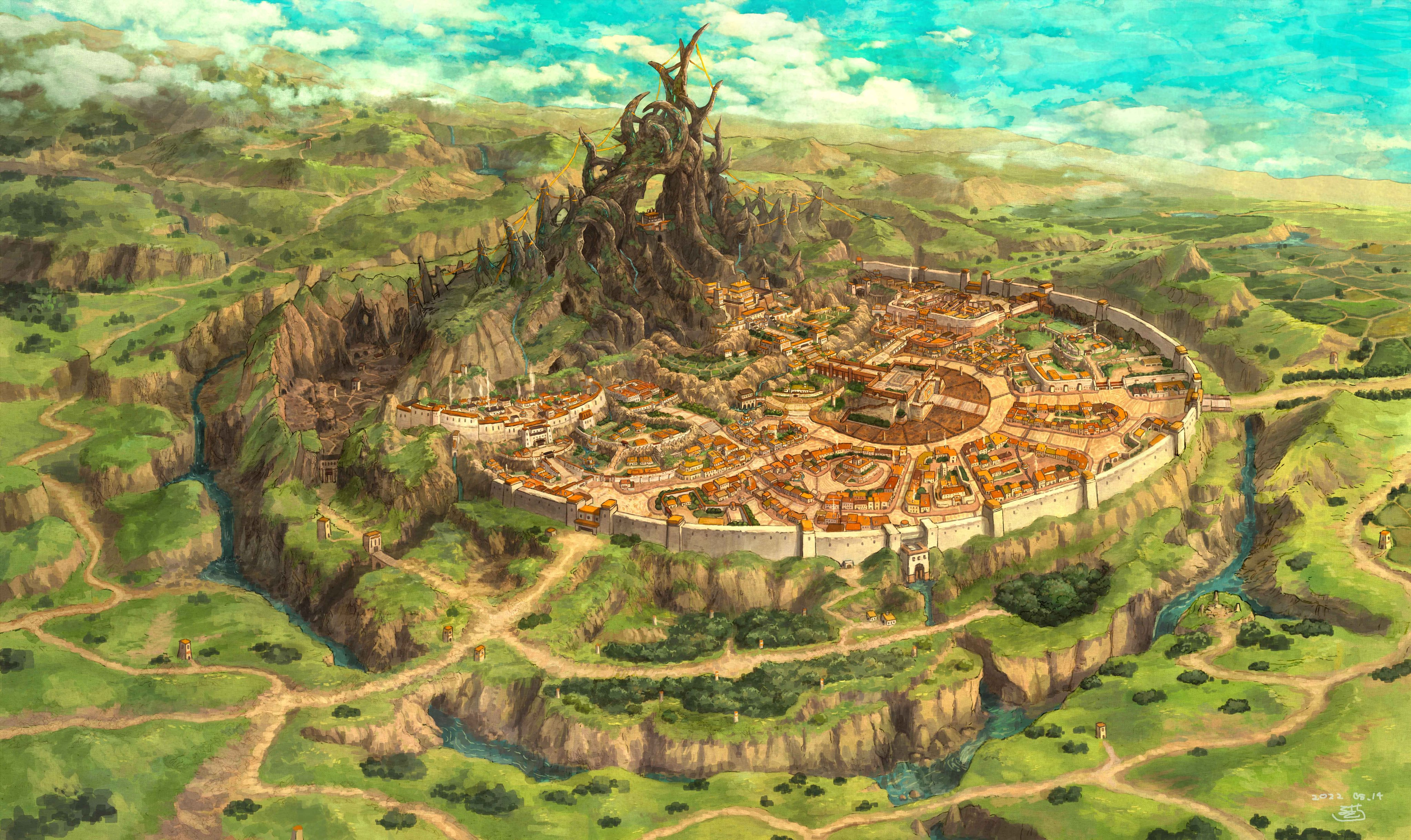 rukichi (t rutamagon), original, absurdres, commentary request, highres, blue sky, bridge, building, cave, cloud, dated, defensive wall, dirt road, fantasy, farm, from above, grass, no humans, outdoors, river, road, scenery, signature, sky, temple, tower, town, tree, water, waterfall