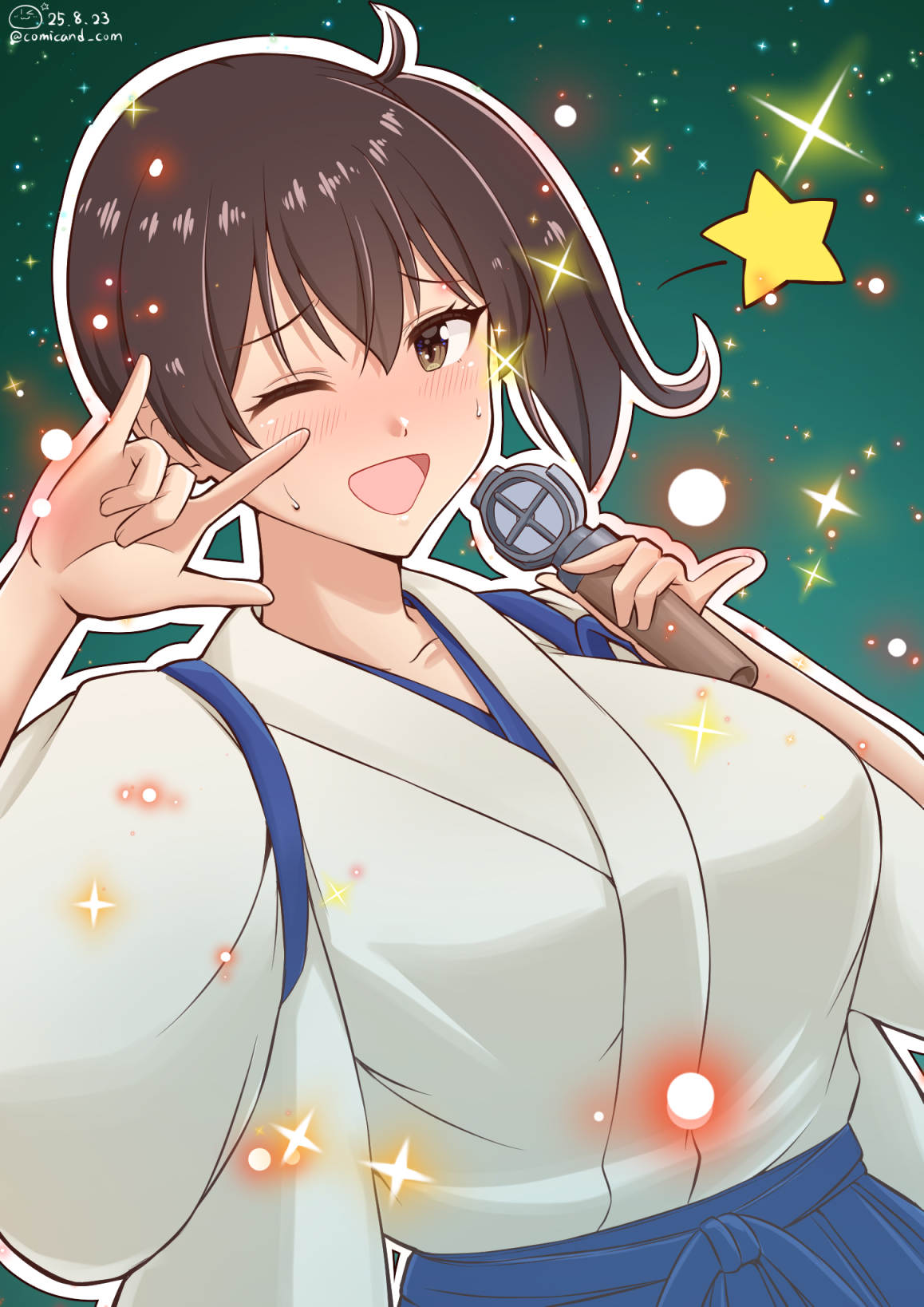 shiromaru (maniado), kaga (kancolle), kantai collection, macross, macross frontier, highres, 1girl, ;d, m/, breasts, brown eyes, brown hair, dated, green background, holding, holding microphone, japanese clothes, large breasts, long hair, looking at viewer, microphone, one eye closed, open mouth, seikan hikou, short hair, side ponytail, smile, solo, star (symbol), tasuki, twitter username