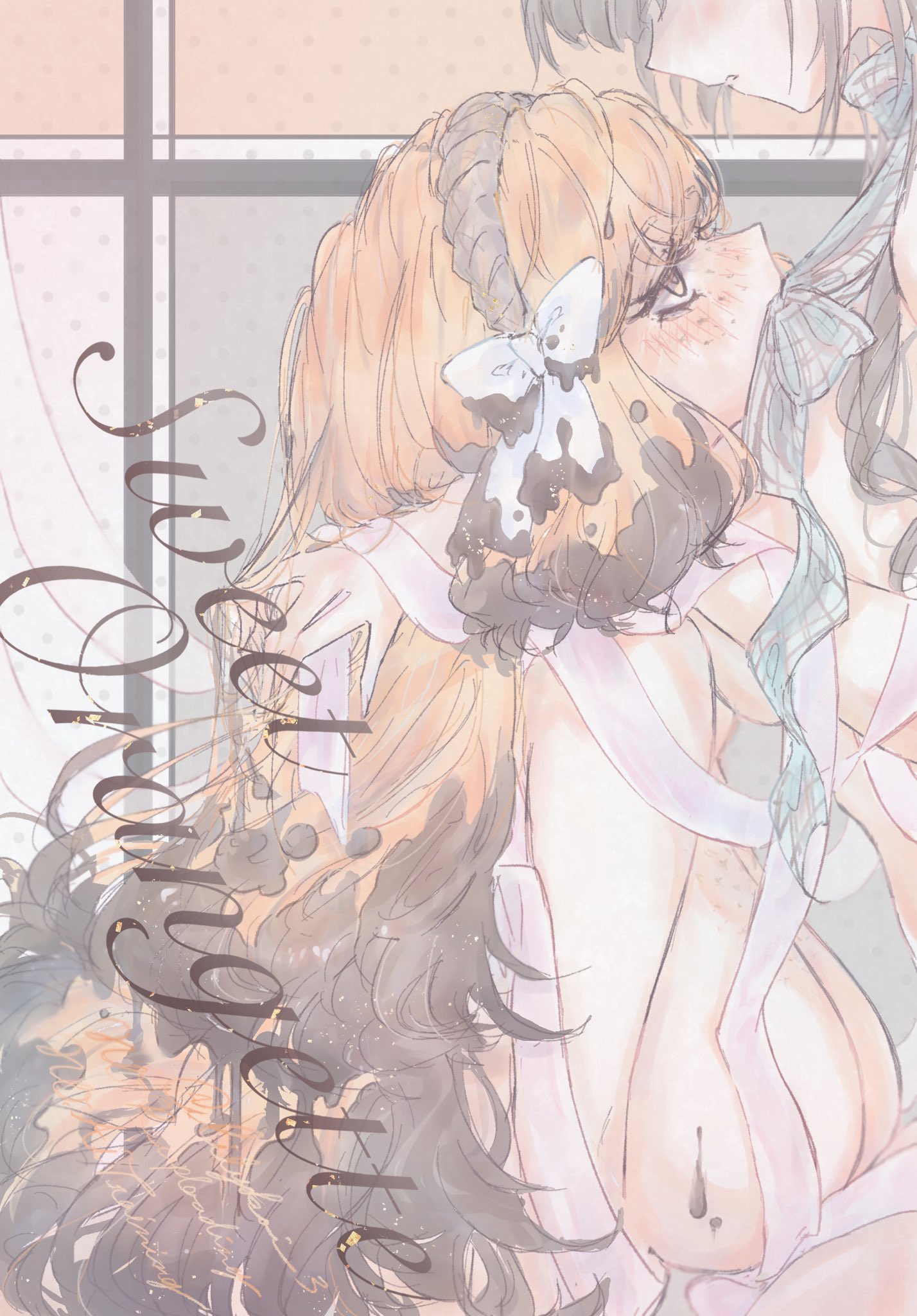 riri (kira0311), ishmael (project moon), limbus company, project moon, highres, 2girls, blush, bow, breasts, brown hair, brown hairband, chocolate, chocolate on body, food on body, freckles, green ribbon, grey background, hair bow, hairband, large breasts, long hair, looking at another, multicolored hair, multiple girls, orange hair, pink ribbon, ribbon, simple background, two-tone hair, upper body, white bow, yellow eyes, yuri