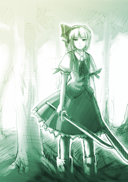 yakepu, konpaku youmu, touhou, 1girl, female focus, green theme, katana, monochrome, solo, sword, weapon