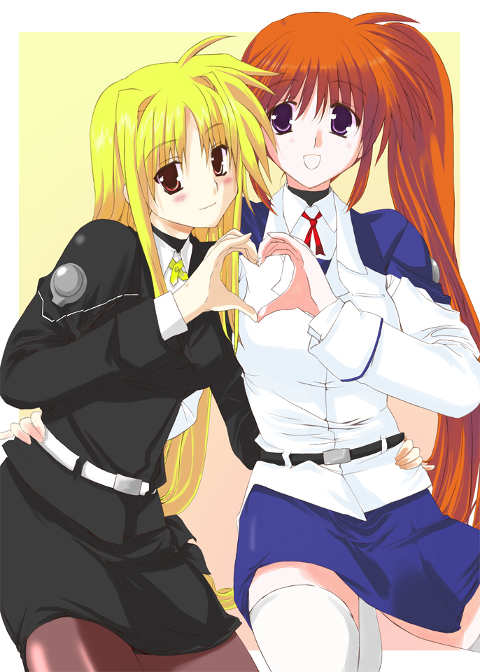 fate testarossa, takamachi nanoha, lyrical nanoha, mahou shoujo lyrical nanoha, mahou shoujo lyrical nanoha strikers, 00s, 2girls, blonde hair, heart, heart hands, heart hands duo, long hair, military, military uniform, multiple girls, outside border, pantyhose, purple eyes, purple hair, red eyes, red hair, side ponytail, thighhighs, zettai ryouiki
