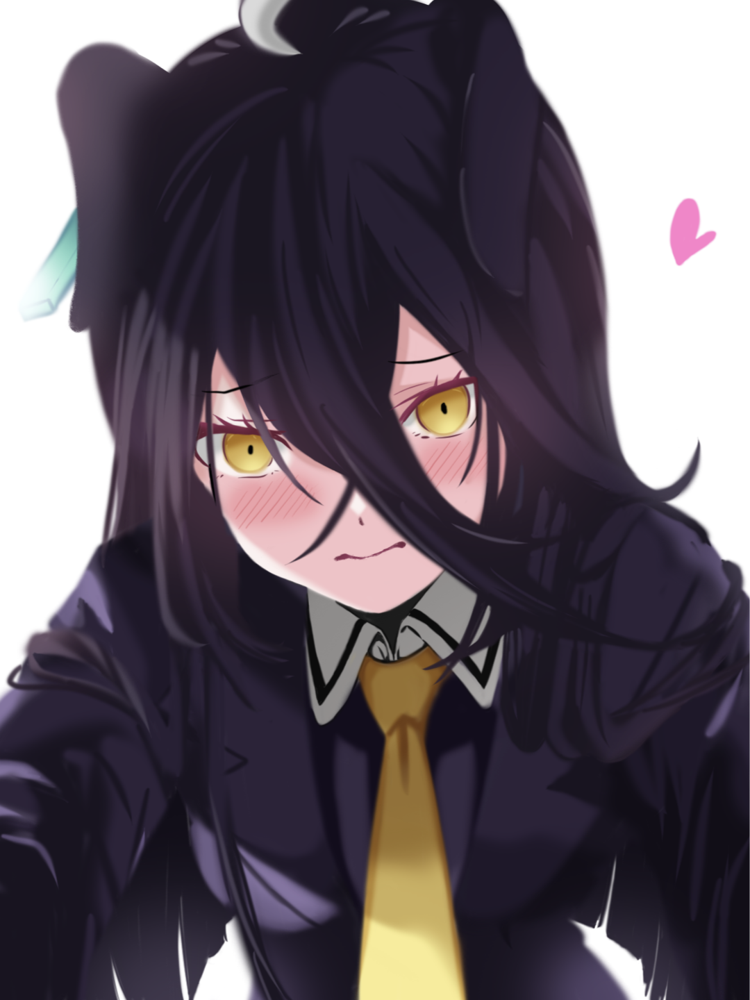 manhattan cafe (umamusume), umamusume, highres, 1girl, ahoge, animal ears, black coat, black hair, blush, closed mouth, coat, collared shirt, contrast collar, crossed bangs, ear ornament, ear tag, earrings, ears down, embarrassed, hair between eyes, heart, horse ears, horse girl, jewelry, long hair, long hair between eyes, long sleeves, multicolored hair, mwt, necktie, shirt, single earring, solo, very long hair, white hair, yellow eyes, yellow necktie