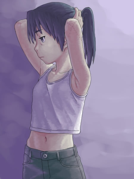 yuuya (yu-ya's), amasawa yuuko, dennou coil, 00s, armpits, brown eyes, brown hair, hairdressing, midriff, solo, tank top, twintails